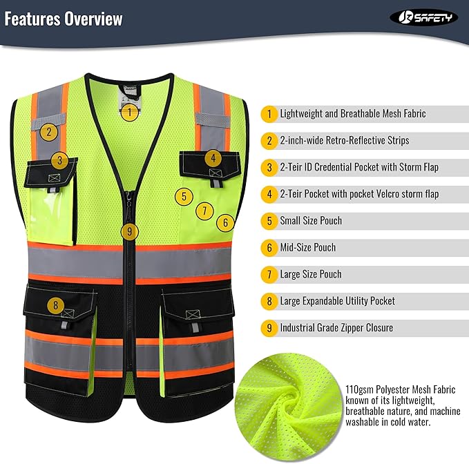 JKSafety Hi Vis Reflective Safety Vests for Men Women High Visibility Vest with Pockets Mesh Fabric Construction Safety Apparel Neon Vest for Work (220-YBlack 3XL)