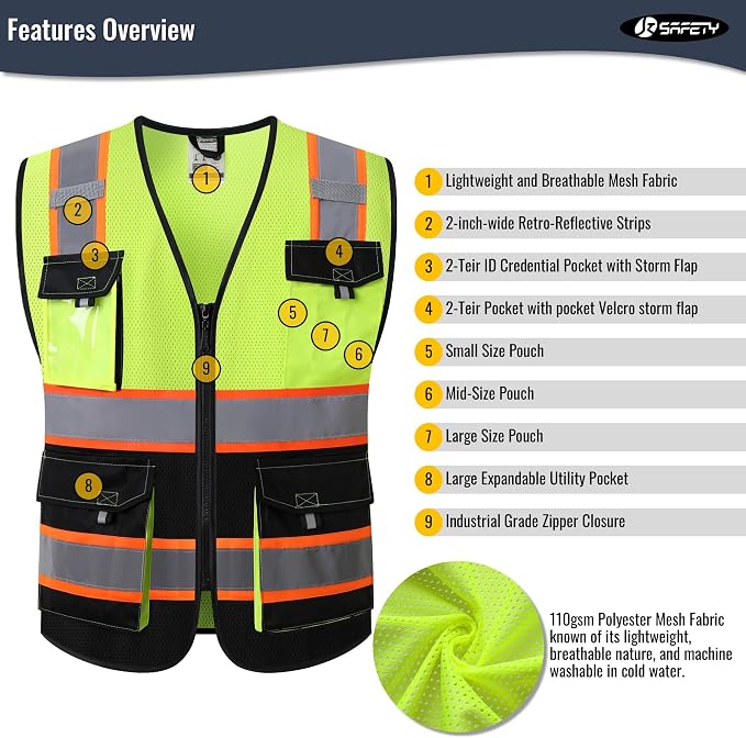 JKSafety Hi Vis Reflective Safety Vests for Men Women High Visibility Vest with Pockets Mesh Fabric Construction Safety Apparel Neon Vest for Work (220-YBlack L)