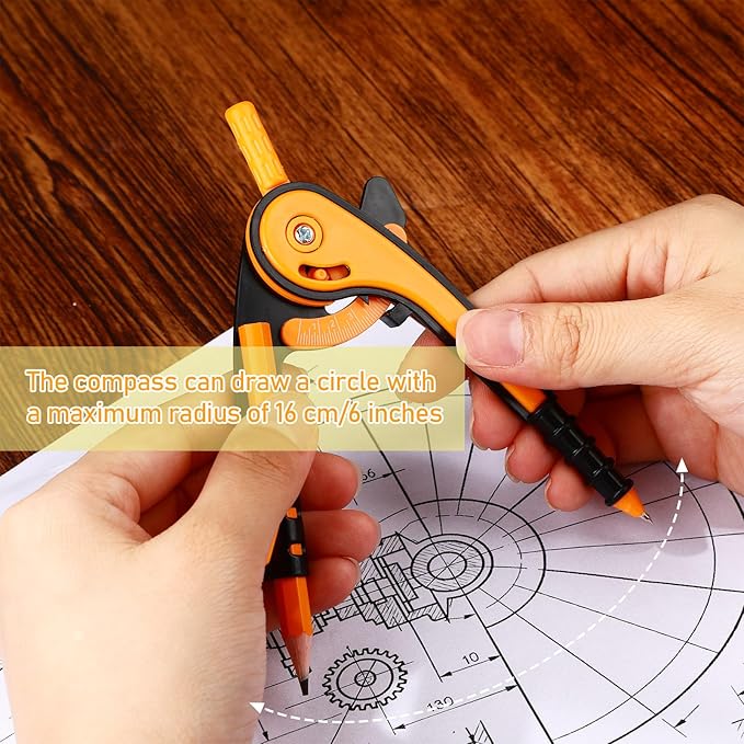 Zonon Student Protractor and Compass Set, Student Geometry Math Set Drawing Compass and 180 Degree 6 Inch Protractor with Swing Arm for Drawing Measuring School Office(Orange)