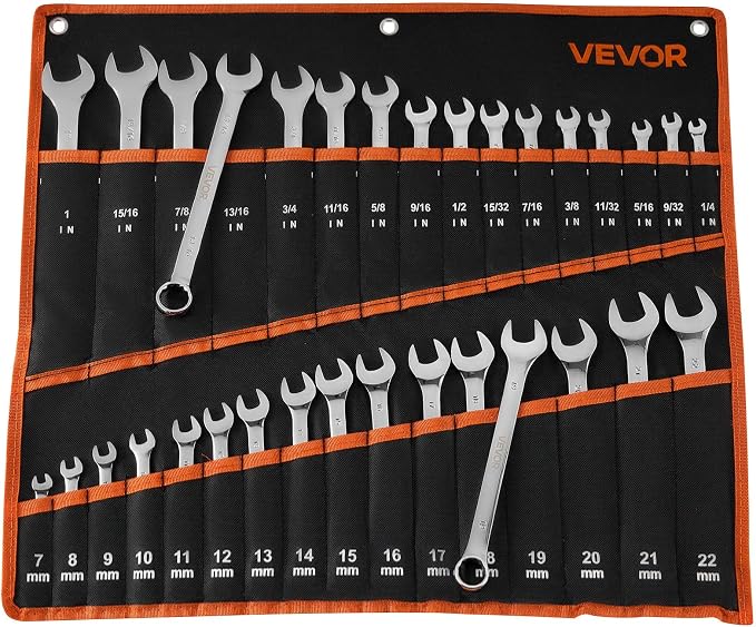 VEVOR Combination Wrench Set, 32-Piece SAE and Metric, 12-Point Box End and 15° Angled Open End Combination Wrenches with Roll Up Pouch, Carbon Steel, for General Household and Automotive Repairs