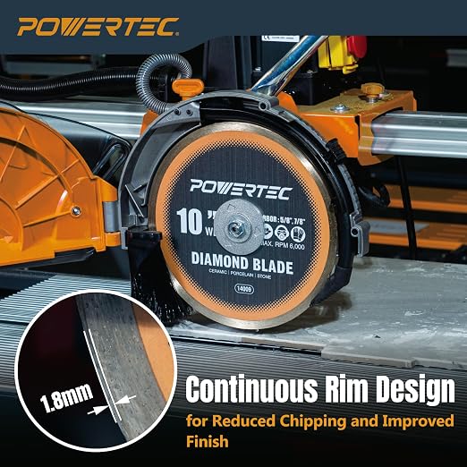 POWERTEC 10" Continuous Rim Diamond Saw Blade for Wet Tile Saw, Diamond Blade for Cutting Ceramic, Porcelain, Natural Stone Tile, Wet Cutting Only 10 inch Diamond Blades, 1 Pack (14009)