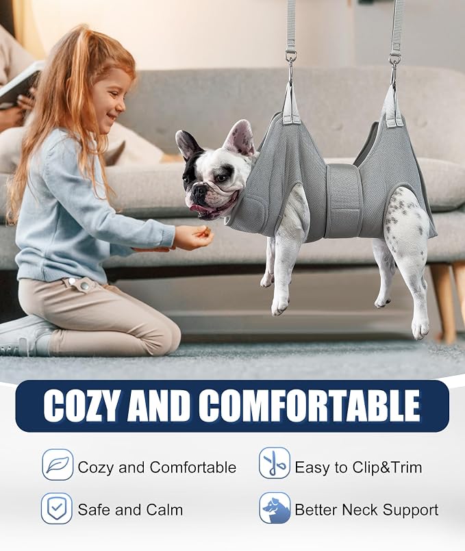 Kkiimatt Dog Grooming Hammock Hanging Harness for Nail Trimming,X-Large Dog Grooming Sling with Thick Neck Support,Gray Dog Hanger Holder Restraint for Pet Grooming