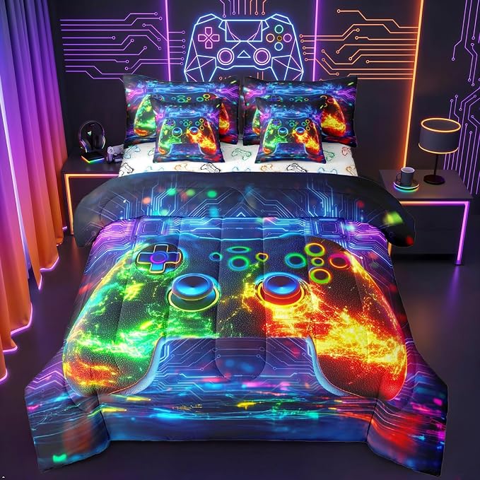 Erosebridal 3D Modern Gamer Comforter Set 7 Piece Bed in a Bag Twin | Gamer Controller Bedding Sets Geometric Neon Gaming Comforter and Sheet Set, Video Game Consoles Bed Sets,Boys Room Decor