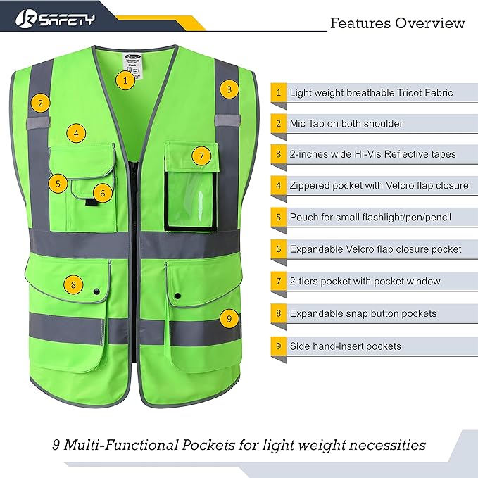 JKSafety 9 Pockets Class 2 High Visibility Zipper Front Safety Vest With Reflective Strips, Meets ANSI/ISEA Standards (150-Green, 5X-Large)