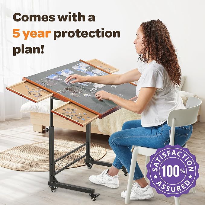 JoyBerri Puzzle Station – 1500 Piece Jigsaw Puzzle Table with Drawers & Adjustable Legs, Portable & Height Adjustable for All Ages, Includes Station Cover & Bonus 1000 Piece Puzzle