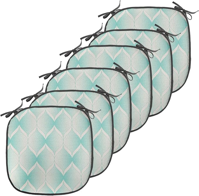 Lunarable Aquamarine Chair Seating Cushion Set of 6, Retro Nostalgic Pattern with Geometry Inspired Motif and Dotted Lines, Anti-Slip Seat Padding for Kitchen & Patio, 16"x16", Turquoise Eggshell