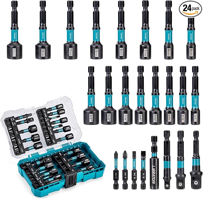 LIBRATON 24PCS Magnetic Nut Driver Set, Impact Drill Driver Bit Set 1/4", Metric and SAE Nut Drivers for Impact Drill, Impact Socket Adapters, Screwdriver Bits, Bit Holder, with Black Phosphating