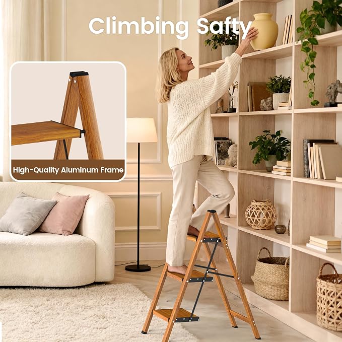 HBTower Step Ladder,Lightweight Aluminum Folding Step Stool with Anti-Slip Wide Pedal,330lbs Capacity Step Ladder for Household,Kitchen,Office - Woodgrain