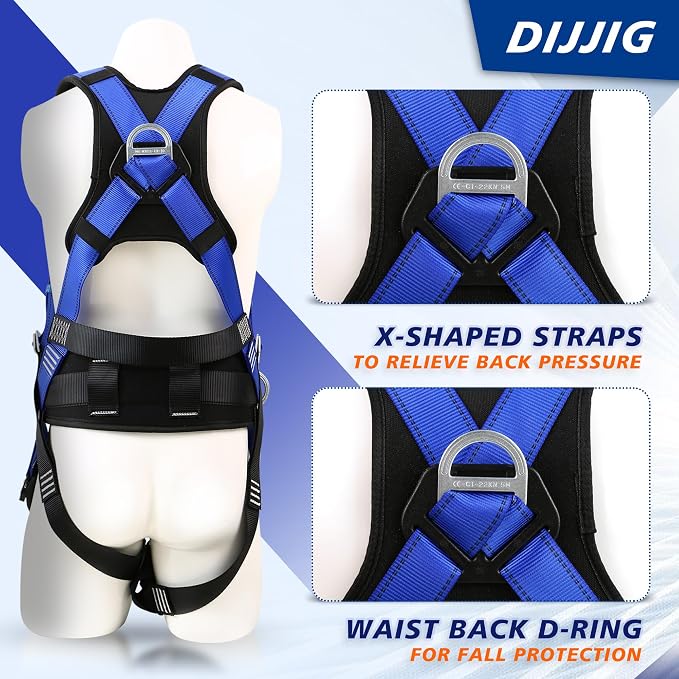 DIJJIG Safety Harness Fall Protection Kit with Shock Absorbing Lanyard | Safety Straps Upgrade Quick Buckles, Roofing Harness Construction Harness Para Construccion ANSI Compliant Blue
