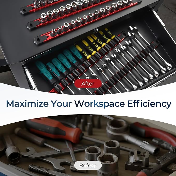 Reniteco 6-Piece Magnetic Socket Organizer and Screwdriver Organizer Set | 3-Piece 1/4", 3/8" & 1/2" Drive Socket Rails, 3-Piece Wrench Screwdriver Holder, Interchangeable Clips, Aluminum Alloy Rail