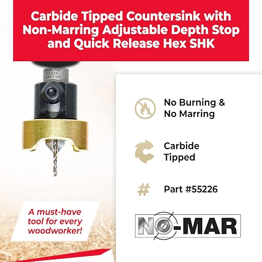 Amana Tool 82 Degree Countersink with Drill Bit Depth Stop and No-Thrust Ball Bearing, 55226, 3/8 D x 5/64 Drill D 1/4 Inch Quick Release Hex Shank