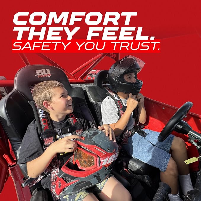1pc 50 Cal Red 4 Point Harness 3in Straps, Racing Harness Seat Belt | Ultra Kush padding, Push Button quick release hardware. Universal Fit for UTV, RZR, race car.