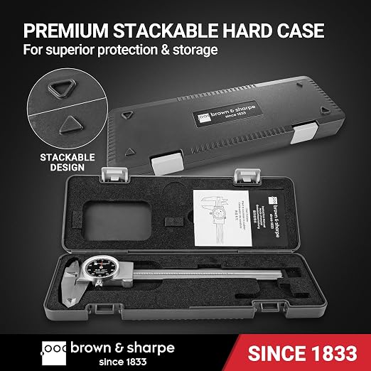 Brown & Sharpe Dial Caliper Measuring Tool 0-6", Swiss Core Movement 0.001" Accuracy, Shock-Proof Dial Vernier Caliper with Locking Screw, 4-Way Measurement, Hardened Stainless Steel, Smooth Operation