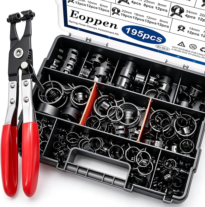 195Pcs 6-38mm Spring Hose Clamps Assortment Kit with Swivel Flat Band Fuel Hose Clamp Plier - 23 Sizes Fuel Line Silicone Vacuum Hose Low Pressure Air Clamps