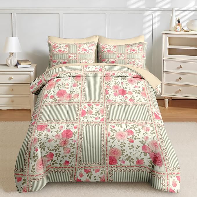 Nesker Comforter Set King Size, Floral Rose Leaves 7 Pcs Bedding for Kids and Adults, Shabby Chic Checkered Flower Bed Sheet Sets with Fitted Sheet 2 Pillowcases & 2 Shams