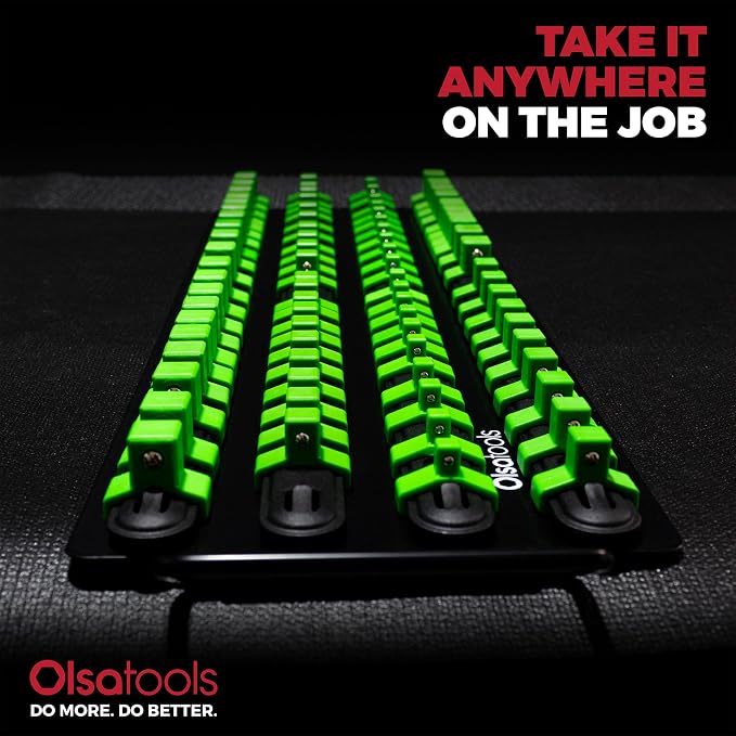 Olsa Tools 80-Slot Portable Socket Organizer Tray With Handle Green/Black | Socket Tray With Clips for 1/4-Inch, 3/8-Inch & 1/2-Inch Drive Sockets - Professional-Grade Tool Organizer - Part: 1024