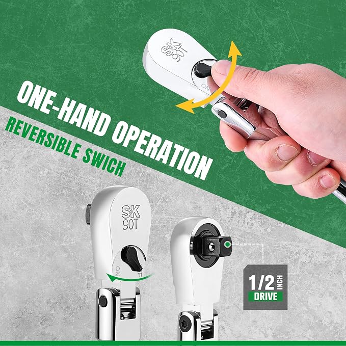 SK 1/2" Drive Flex Head Ratchet, Swivel Ratchet Handle, 90-Tooth Pear Head | Premium CR-V Steel, Reversible Design, with Contoured Handle
