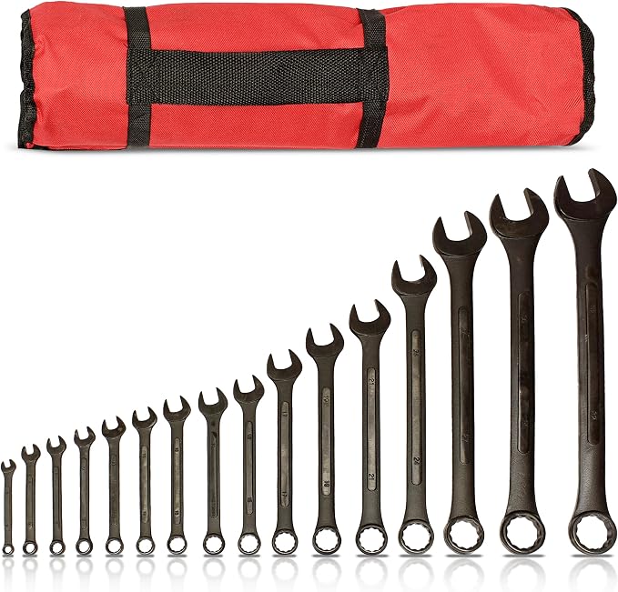 ABN Combination Wrench Set – 16 Pc Raised Panel Metric Wrench Set with Wrench Roll Up Pouch, Black Spanner Wrench Set