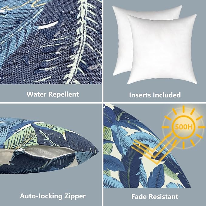LVTXIII Outdoor Throw Pillows, Decorative Throw Pillows with Inserts, 20"x20" Square Pillows for Bed, Couch, Sofa and Patio Furniture, Set of 2, Swaying Palms Blue