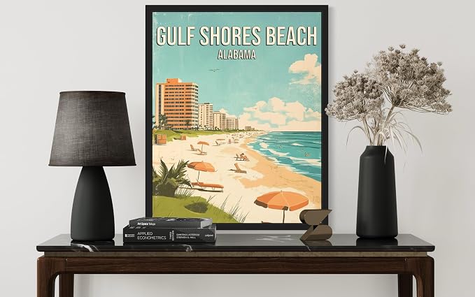 Gulf Shores Beach Alabama Black Framed Wall Art Print Poster, US Vintage Retro Beach Scenery Posters Prints for Restroom Home Picture Painting Artwork Gallery 219 (Gulf Shores Beach Alabama, 24"L x 18"W, Black Frame)
