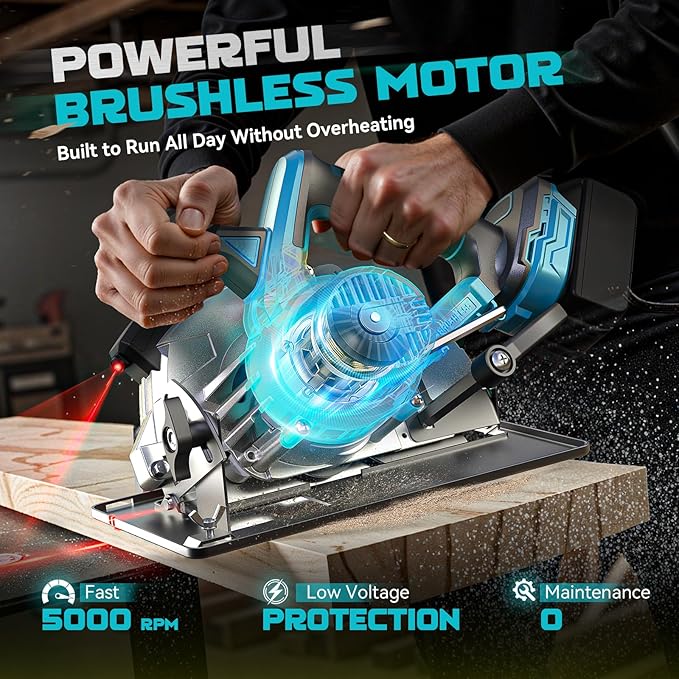 Ecarke Cordless Circular Saw 7-1/4" Compatible with Makita 18v Battery(Bare Tool), 5000RPM Electric Circular Saw with Laser Guide, 2 Blades(24T & 40T), 0-45° Bevel Cutting, Max 2-1/4" Depth for Wood