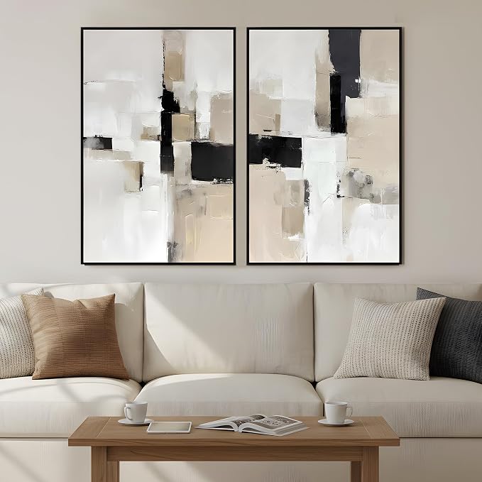 Zessonic Neutral Abstract Wall Art, Large Modern Textured Framed Canvas Wall Decor, Minimalist Prints Paintings, Earth Tone Black Beige Brown Artwork Pictures for Home, Living Room, Office, 24"x36"x2