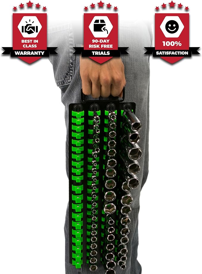 Olsa Tools 80-Slot Portable Socket Organizer Tray With Handle Green/Black | Socket Tray With Clips for 1/4-Inch, 3/8-Inch & 1/2-Inch Drive Sockets - Professional-Grade Tool Organizer - Part: 1024
