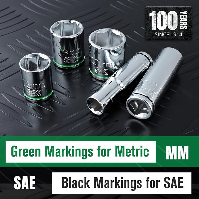 SK 3/8" Drive Socket Set, Deep SAE Sockets, 13-Piece 1/4" to 1" | SuperKrome Finish, Premium CR-V Steel, with Aluminum Socket Organizer