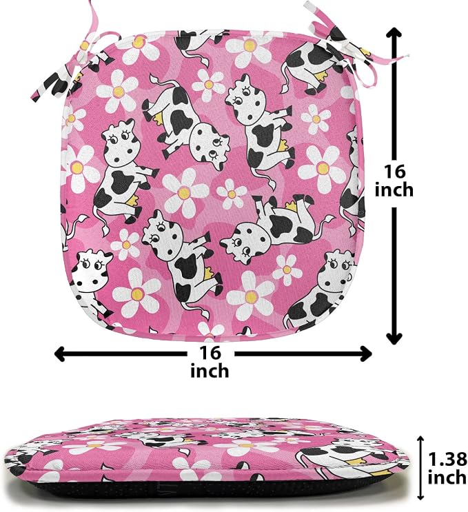 Lunarable Cow Chair Seating Cushion Set of 2, Cartoon Pattern Domestic Farm Animal and Daisy Flowers, Anti-Slip Seat Padding for Kitchen & Patio, 16"x16", Pink Charcoal Grey