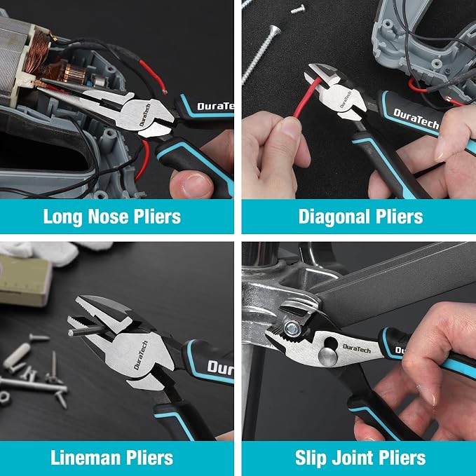 DURATECH 8-Piece Pliers Set with Rolling Pouch, Cr-V/Cr-Ni Construction | 3 Groove Joint Pliers (12", 10", 8"); 8" Adjustable Wrench; Linesman, Long Nose & Slip Joint Pliers; 6" Diagonal Pliers