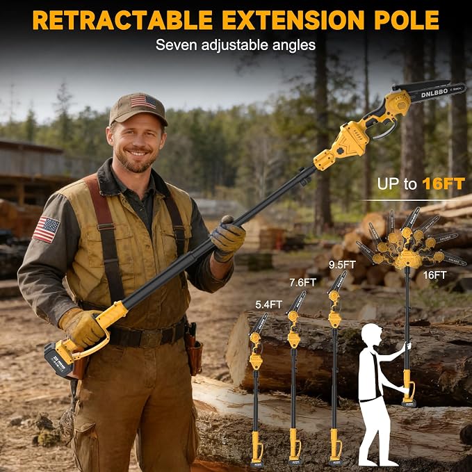 Cordless Pole Saw for Tree Trimming, 8IN Brushless 2-in-1 Electric Chainsaw | 1*4000mAh Battery, Auto Oiler, Max 16Ft Extension Pole, Auto Oil, 1000W Brushless Saw for Faster Tree Trimmer & Wood Cutting