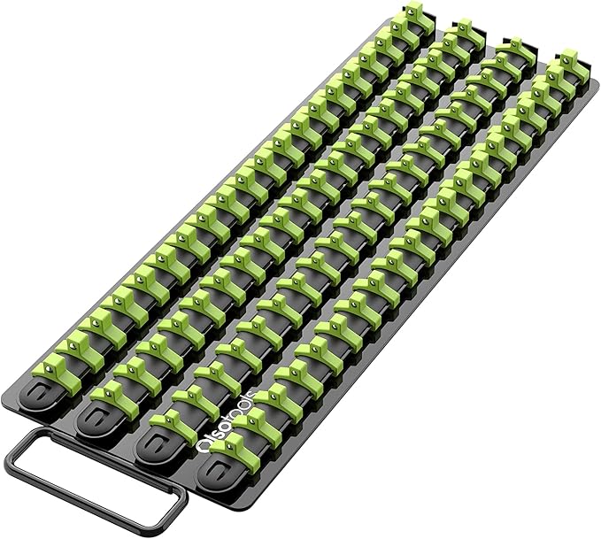 Olsa Tools 80-Slot Portable Socket Organizer Tray With Handle Green/Black | Socket Tray With Clips for 1/4-Inch, 3/8-Inch & 1/2-Inch Drive Sockets - Professional-Grade Tool Organizer - Part: 1024