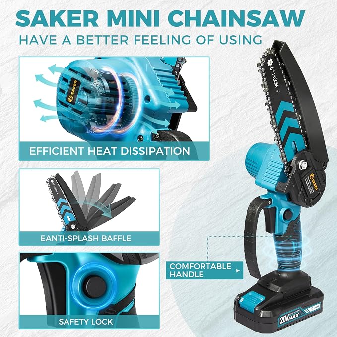 Saker Mini Chainsaw,6 Inch Portable Electric Chainsaw Cordless, Small Handheld Chain saw for Tree Branches,Courtyard, Household and Garden,Gift for Men Husband Women Father