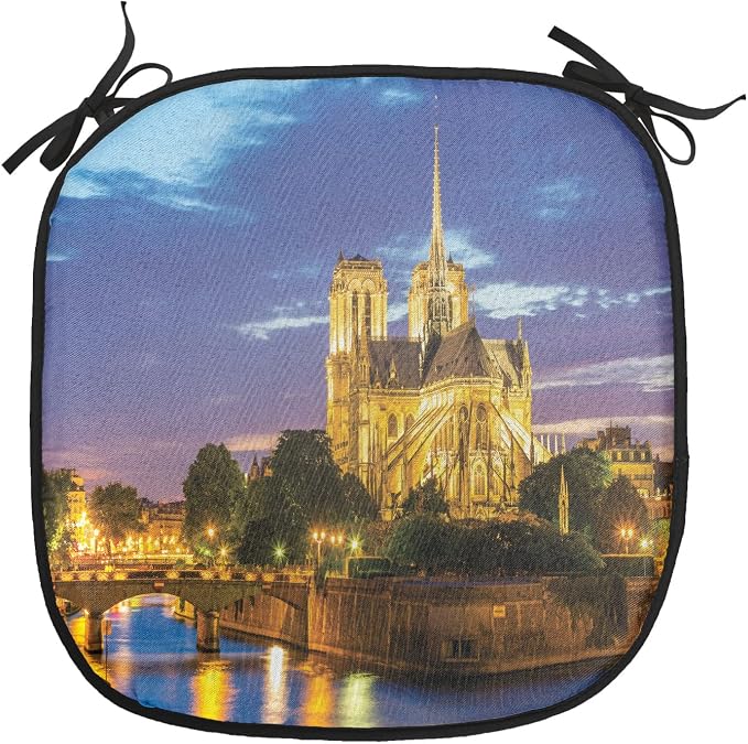 Lunarable Paris Chair Cushion Pads Set of 6, Notre Dame at Dusk Paris France Riverside Scenery Water Reflection, Anti-Slip Seat Padding for Kitchen & Patio, 16"x16", Yellow Brown Blue