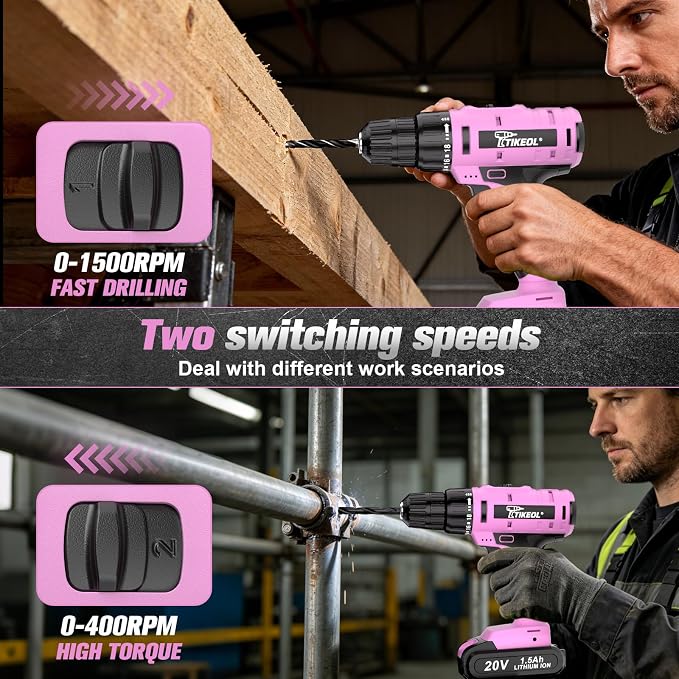 20V Cordless Pink Drill Set with Battery & Charger, 2-Speed Power Drill for Women, Pure Copper Motor, 250 In-lbs, 3/8" Keyless Chuck, Tool Kit for Home DIY（Pink）