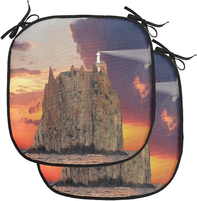 Lunarable Lighthouse Chair Cushion Pads Set of 2, Stromboli Lighthouse Italy Mediterranean Colorful Cloudy Sky Cloudscape, Anti-Slip Seat Padding for Kitchen & Patio, 16"x16", Brown Orange Blue
