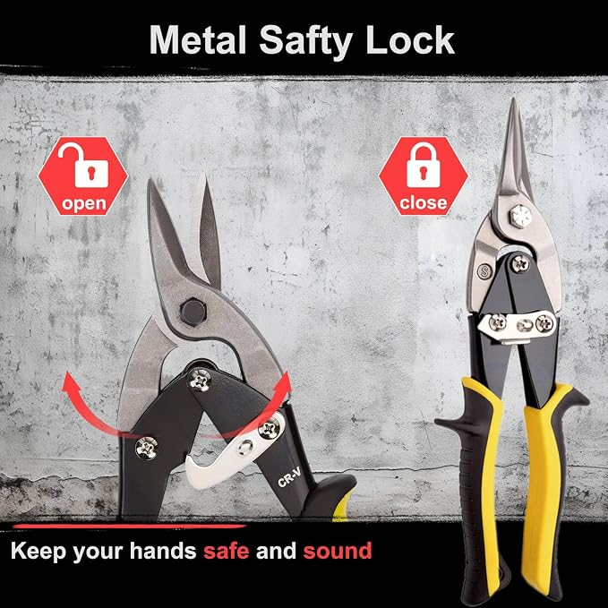Aviation Tin Snips 3-Piece,Straight Heavy Duty Tin Cutting Shears,Metal Cutters With Comfort Grips and Safety Latch