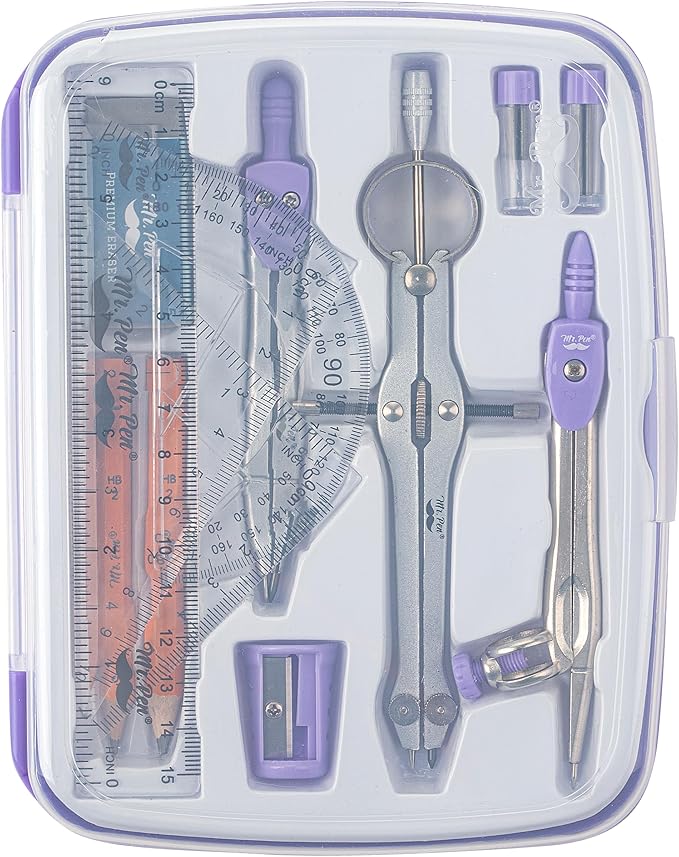 Mr. Pen- Geometry Set, 13 pcs, 3 Metal Compasses, Protractor, 6" Ruler, 45° & 30°/60° Set Squares, Pencils, Lead Refills, Sharpener & Eraser for Math, Drafting & Classroom Use