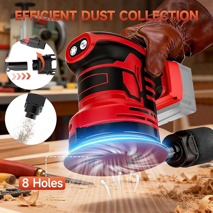 5-Inch Random Orbital Sander, Cordless Sanding Machine Compatible with Milwaukee 20V Battery(NO Battery), Brushless Electric Sander with Dust Collector (Dark Red)