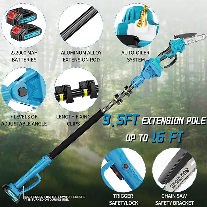 Pole Saws for Tree Trimming, 2-in-1 Pole Saw＆6 Inch Mini Chainsaw,with Extension,Max Reach 16 Ft,Electric Pole Saw Used for Wood Cutting and High-Branch Pruning,2× 21V 2.0Ah Battery