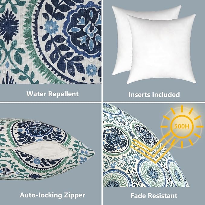 LVTXIII 2 Pack Outdoor Pillows 18x18 Inch, Square Throw Pillows with Inserts, Decorative Water-Repellent Pillow Cushions for Patio Furniture and Garden Sofa, Coastal Medallion
