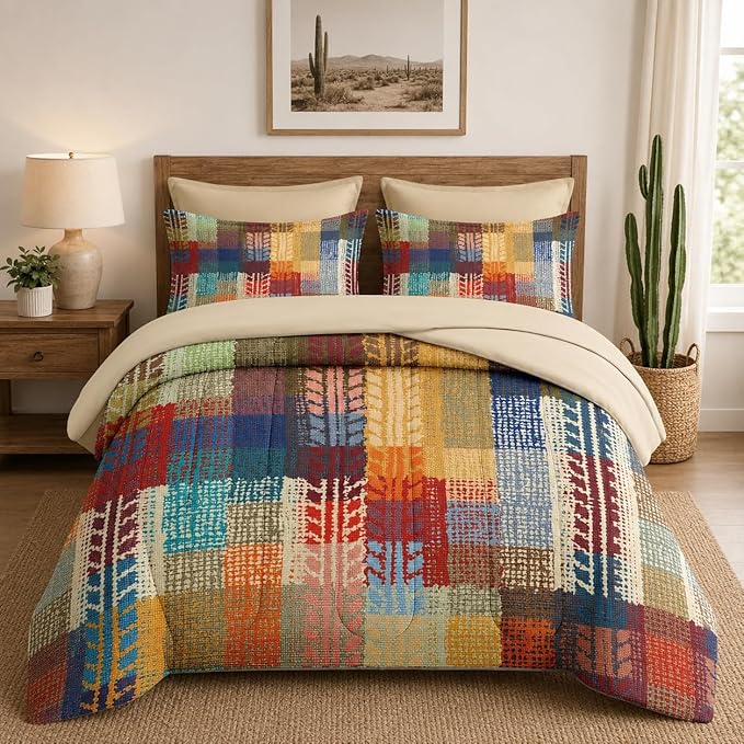 Nesker Comforter Set Queen Size, Boho Vintage Geometric 7 Pcs Bedding for Kids and Adults, Painting Colorful African Bed Sheet Sets with Fitted Sheet 2 Pillowcases & 2 Shams