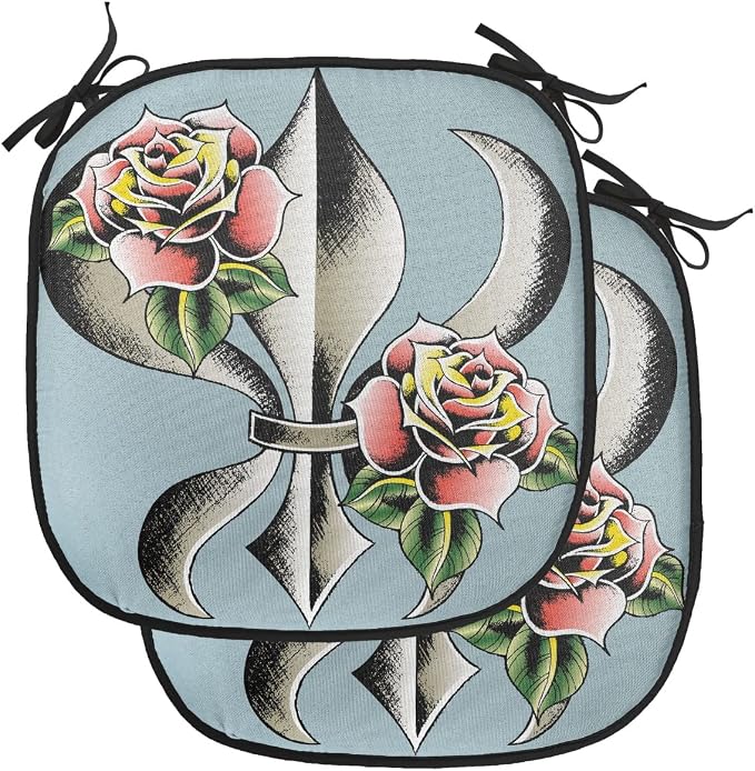 Lunarable Fleur De Lis Chair Cushion Pads Set of 2, Fleur-de-Lis Design with Roses Love Power Ornamental Art, Anti-Slip Seat Padding for Kitchen & Patio, 16"x16", Blue Grey Multicolor