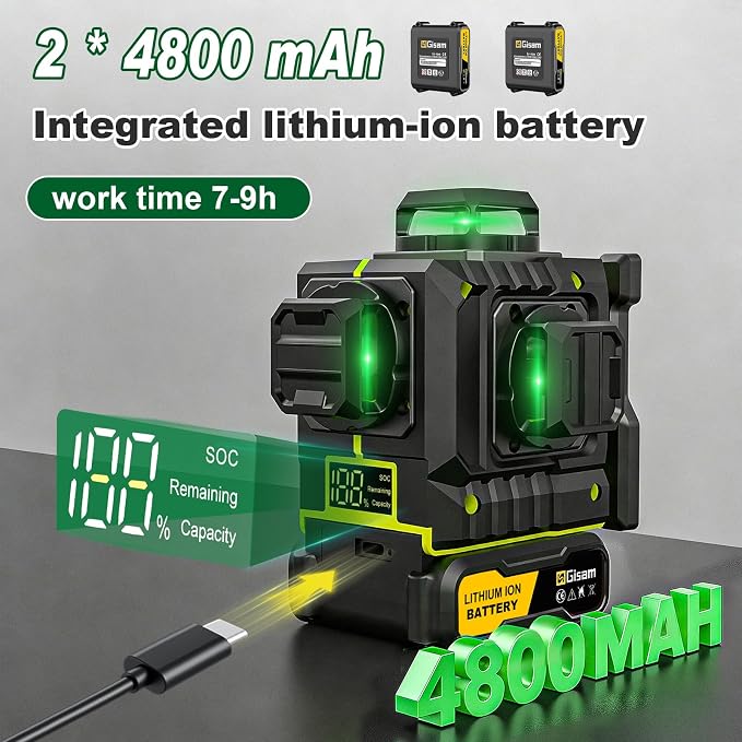 Gisam Laser Level with Tripod- 360° Rotating Window, Lazer Leveler Tool with Pulse Mode, 4D 16-Line Self Leveling Green Lazer Level with 2 * 4800mAh Batteries for Construction Tiling Home Renovation