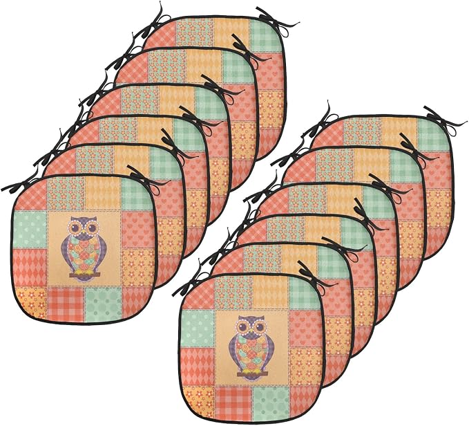 Lunarable Owls Chair Cushion Pads Set 12, Owl on Spotted Striped Patchwork Background Vintage Crafting Design Art, Anti-Slip Seat Padding for Kitchen & Patio, 16"x16", Orange Mint Green Mauve