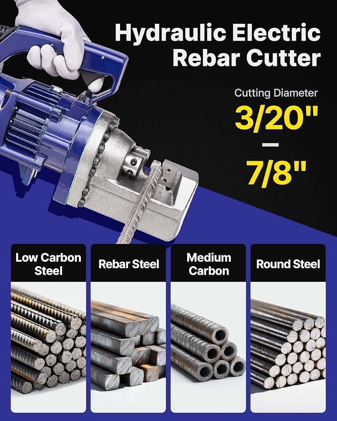 VEVOR Electric Hydraulic Rebar Cutter 1350W 110V - Portable, Cuts #7 4-22mm Rebar in 4.5 Seconds, with Stainless Steel Carry Case