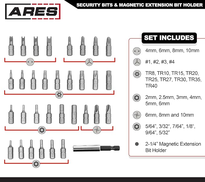 ARES 70009-33-Piece Security Bit Set with Magnetic Extension Bit Holder - Includes Tamper Resistant, SAE Hex, Metric Hex and Star Bits – Anti Tamper Bit Set Features Torq, Spanner, and Triwing Bits