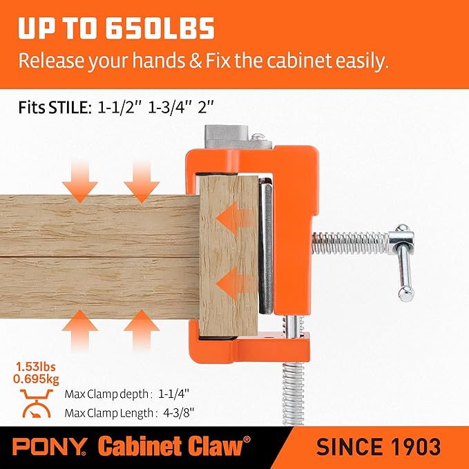 PONY 4-Pack Original Cabinet Clamps, 8510 Cabinet Claw, Face Frame Clamps for Installing Cabinets, 650 lbs Load Limited