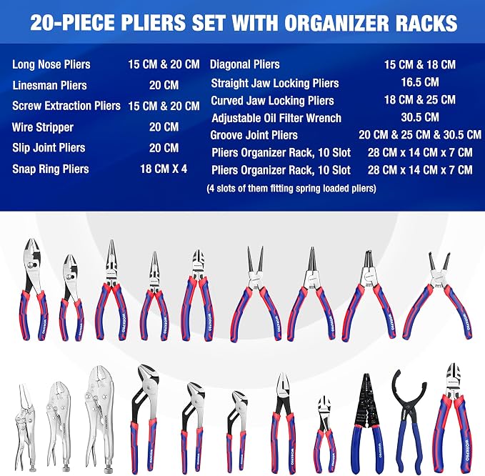 WORKPRO Pliers Set, 20-Piece Pliers Set with 2-pack Organizer Rack | Channel Locks Plier and Vise Grip Plier Assortment
