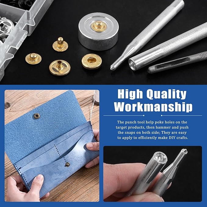 Glarks 60 Sets Leather Snap Fasteners Kit, 12.5mm 6 Colors Metal Snap Buttons Press Studs with 8Pcs Hole Punch, Hammer, Setting Tools, Grease Pencils and Tape Measure for DIY Leather Craft